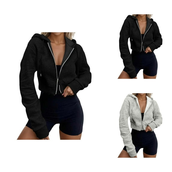 Women Tops Women's Solid Color Sweatshirt Women's Casual Zip Up Hoodie Short Cropped Sweatshirt Long Sleeve Pullover Tops For Fall Winter Comfort Wear