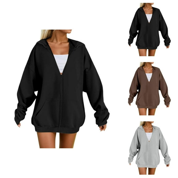 Women Tops Women's Solid Color Sweatshirt Women's Zip Up Hoodie Casual Pullover Sweatshirt For Fall Winter Comfortable Soft Warm Outerwear With Hood For Daily Wear
