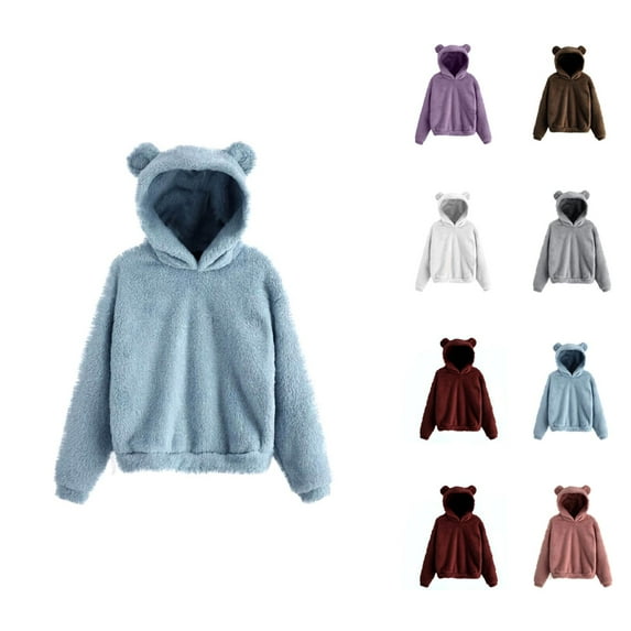 Women Tops Women's Solid Color Sweatshirt Womens Hoodies Cute Bear Ears Hooded Sweatshirts Coat Warm Pullover Tops Casual Loose Fall Outwear