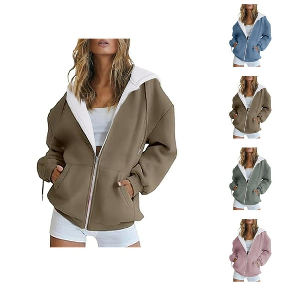 Women Tops Women's Solid Sweatshirt Women's Casual Fashion Hooded Drawstring Solid Color Zipper Coat Pocket Coat Sweatshirt