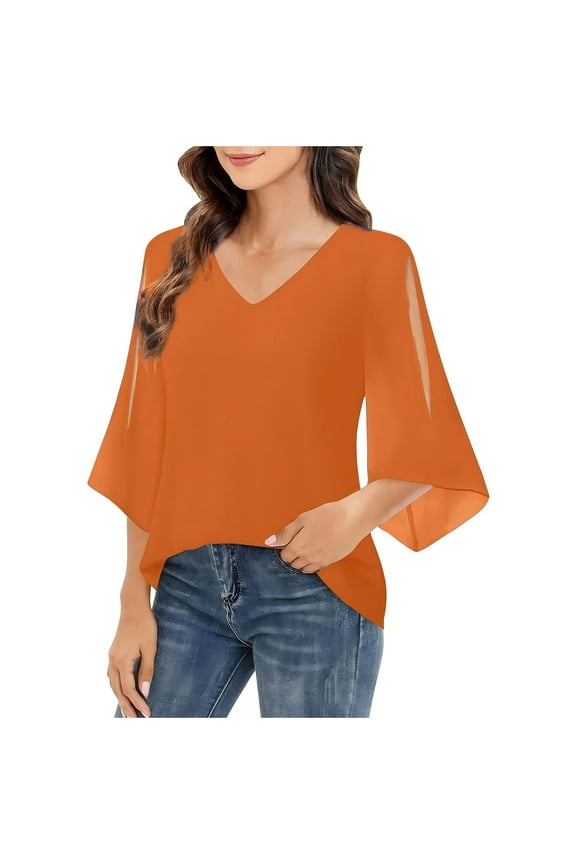 Women Tops, Womens Ruffle 3/4 Sleeve V Neck Double Layers Chiffon Blouses Dressy Tops