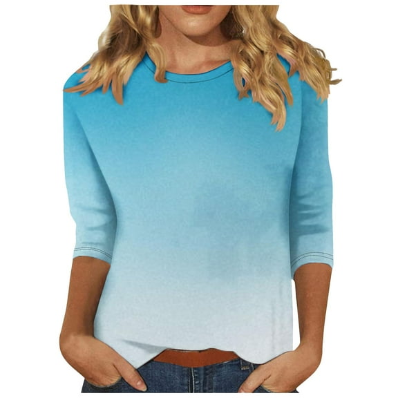 Women Tops, Womens Summer Lightweight Tops 3/4 Length Sleeve T Shirt Crew Neck Slim Tunic Tops Pull On Stretch Gradient Shirts