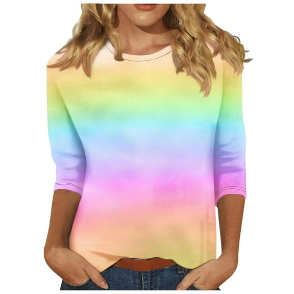Women Tops, Womens Summer Lightweight Tops 3/4 Length Sleeve T Shirt Crew Neck Slim Tunic Tops Pull On Stretch Gradient Shirts