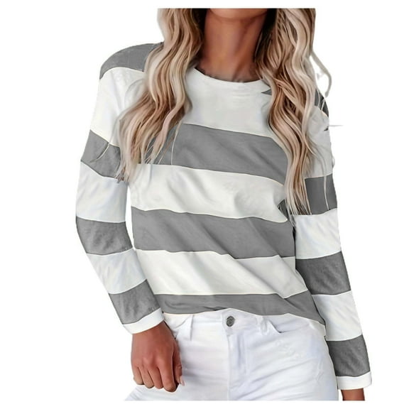 Women Tops, Yigetop Womens Work Clothes for Women 2025 Long Sleeve Cute T Shirts Crew Neck Shirts Basic Tee Going Out Tops for Women Striped Long Sleeve, Grey, S