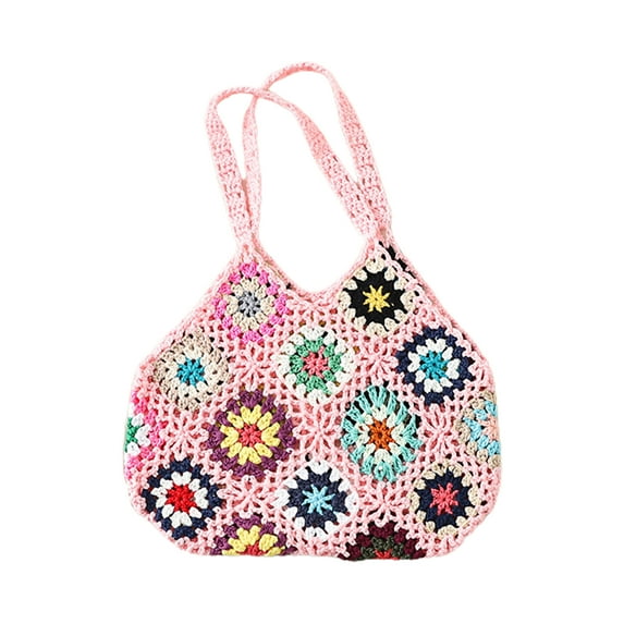 Women Tote Bag Floral Crochet Large Capacity Handmade Vintage Multicolor Hollow Out Handbag for Travel