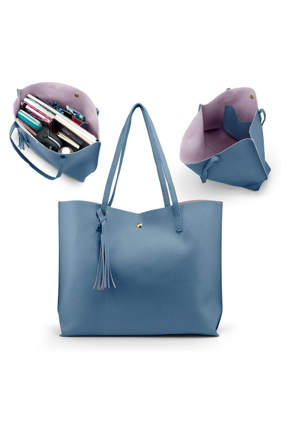 Women Tote Bag Tassels Leather Shoulder Female Handbags - Blue
