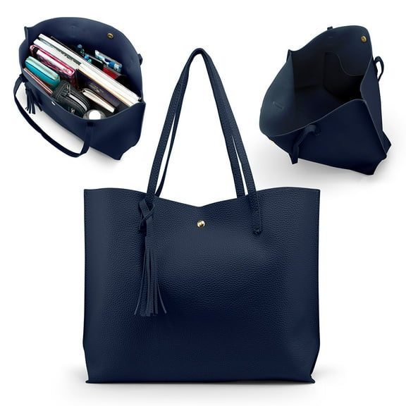 Women Tote Bag Tassels Leather Shoulder Female Handbags - Navy