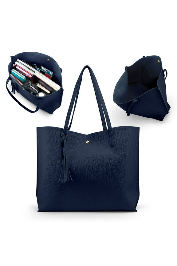 Women Tote Bag Tassels Leather Shoulder Female Handbags - Navy