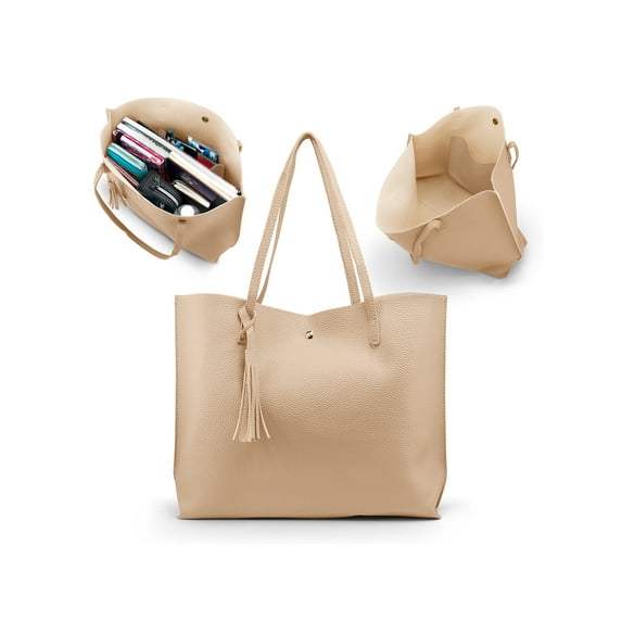 Women Tote Bag Tassels Leather Shoulder Handbags Fashion Ladies Purses Satchel Messenger Bags - Beige