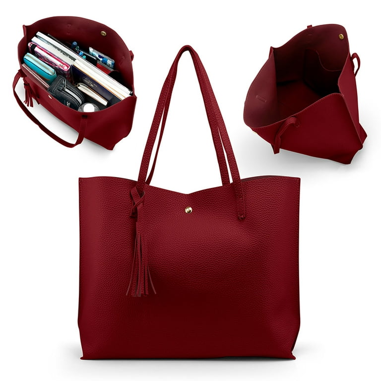 Women Tote Bag Tassels Leather Shoulder Handbags Fashion Ladies Purses  Satchel Messenger Bags - Red 