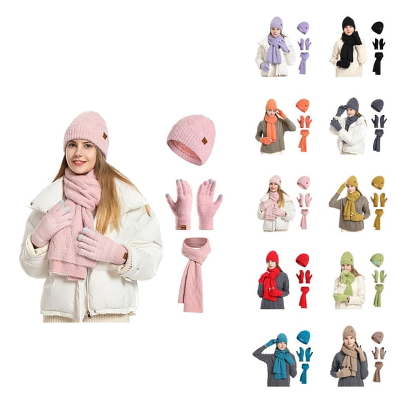 Women Touchscreen Knit Hat Set - Plush Beanie Scarf Gloves Combo, Ear Flap Windproof Warm Stocking Stuffers, Winter Christmas Gifts For Teen Girls