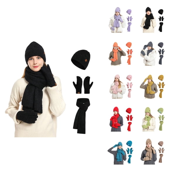 Women Touchscreen Knit Hat Set - Plush Beanie Scarf Gloves Combo, Ear Flap Windproof Warm Stocking Stuffers, Winter Christmas Gifts For Teen Girls