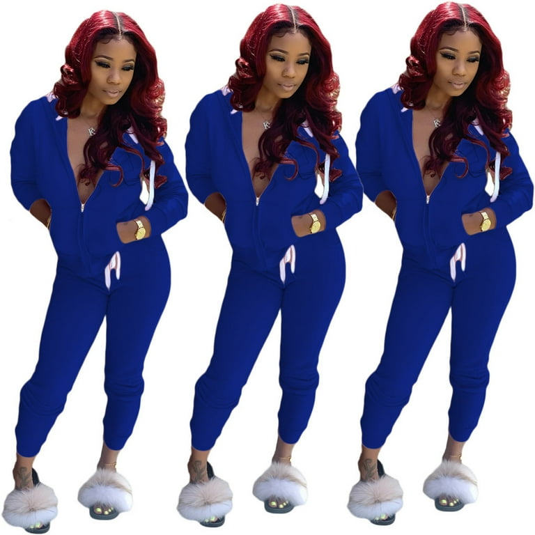 Women Track Suits 2 Piece Set Matching Lounge Set Sets for Women Conjuntos Deportivos Para Mujer Sweatsuit Set for Women Trendy SetsWomen Solid Color Sets Zipper Hood Wear Lounge Wear SBlueS