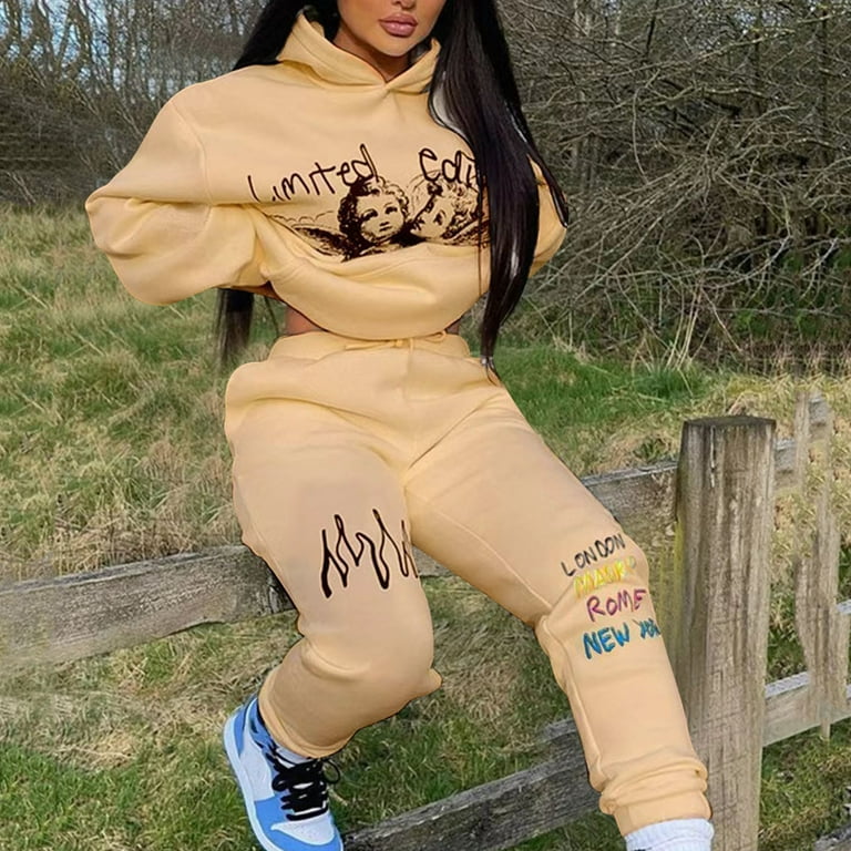 Women Track Suits 2 Piece Set Matching Lounge Set Sets for Women Conjuntos Deportivos Para Mujer Sweatsuit Set for Women Trendy SetsWomen s Two Piece Outfits Hoodies Top And Elastic WaiBeigeXL Walmart...