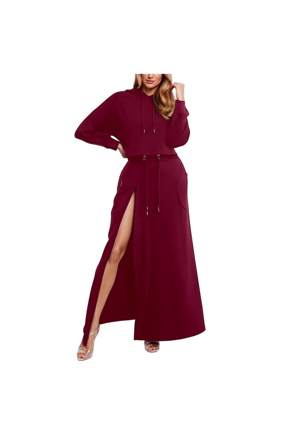Women Tracksuit Skirt Set Winter Spring Long Sleeve Hoodies Tops High Split Long Skirts Stylish Suit With Pockets Solid Color Drawstring High Waist Clothes Set Spring Office Skirts