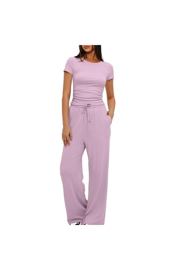 Women Tracksuits 2 Piece Set New 2pc Fashion Woman Round Neck Solid Short Sleeve Blouse + Long Pants Elastic Waist Sets Pinky S