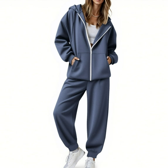 Women Tracksuits 2 Piece Set New Womens 2 Piece Outfits Casual Hoodie Sweatsuit Sets Oversized Zip up Sweatshirt Baggy Sweatpants with Pockets Dark Blue M