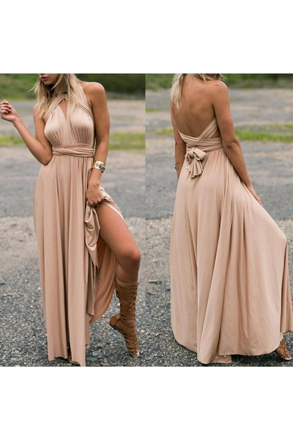 Women Transformer Evening Long Prom Dress Multi-Way Wrap Convertible Floor Length Wedding Halter Maxi Gown High Elasticity,champagne,M