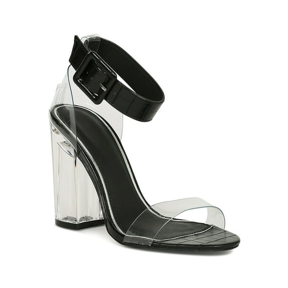 Women Transparent Open Toe Embossed Ankle Strap Chunky Heel Sandal 19209