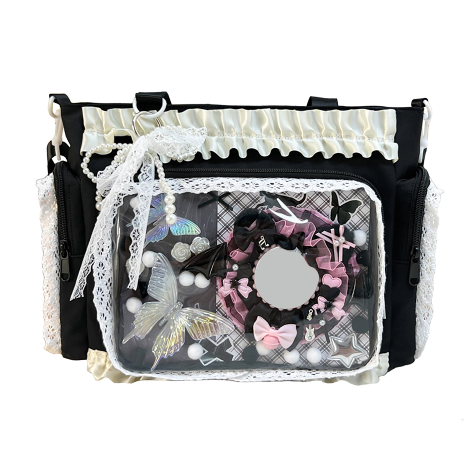Women Transparent Square Ita Bag with Pin Display DIY Badge Crossbody Bag W/ Zipper & Pendant for Shopping Travel Work Daily Use (Black)