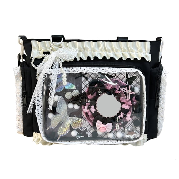 Women Transparent Square Ita Bag with Pin Display DIY Badge Crossbody Bag W/ Zipper & Pendant for Shopping Travel Work Daily Use (Black)