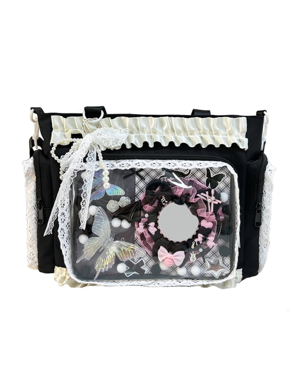 Women Transparent Square Ita Bag with Pin Display DIY Badge Crossbody Bag W/ Zipper & Pendant for Shopping Travel Work Daily Use (Black)