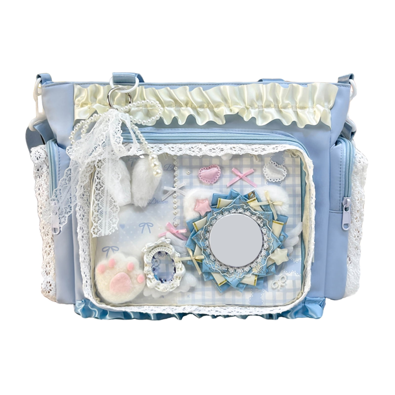 Women Transparent Square Ita Bag with Pin Display DIY Badge Crossbody Bag W/ Zipper & Pendant for Shopping Travel Work Daily Use (Blue)