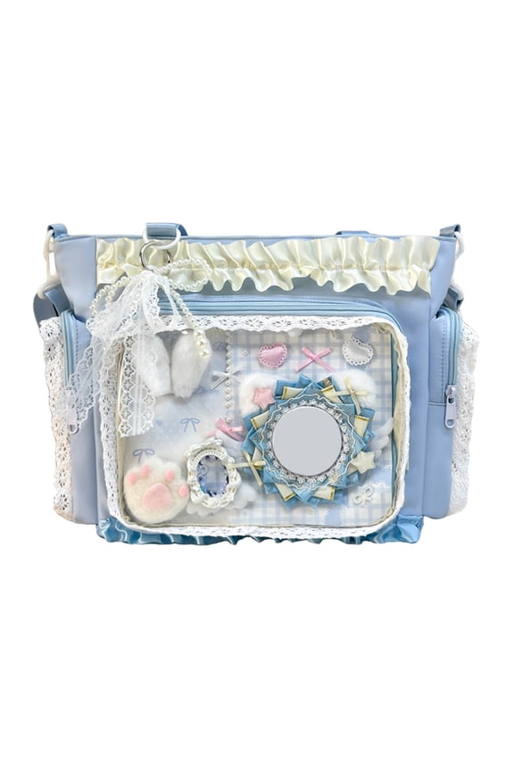 Women Transparent Square Ita Bag with Pin Display DIY Badge Crossbody Bag W/ Zipper & Pendant for Shopping Travel Work Daily Use (Blue)