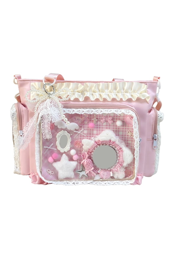 Women Transparent Square Ita Bag with Pin Display DIY Badge Crossbody Bag W/ Zipper & Pendant for Shopping Travel Work Daily Use (Pink)