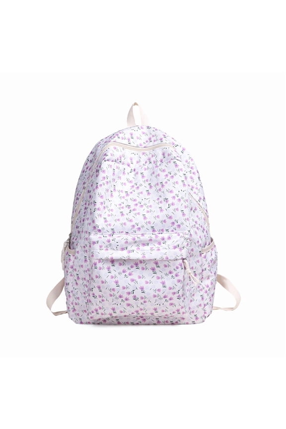 Women Travel Book Bag Large Capacity Floral Print Aesthetic Daypack Lightweight Nylon Casual Rucksack Korean Style (Purple)