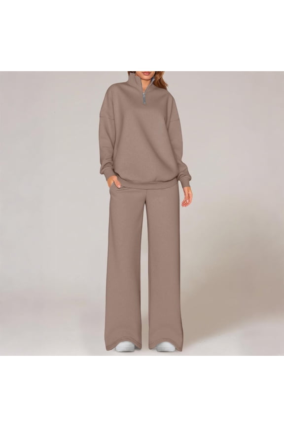 Women Travel Tracksuits 2 Piece Outfits 1/4 Zip Sweatshirt Wide Leg Sweatpants Sweatsuit Airport Loungewear Set New 2 Piece Travel Sets for Women Khaki XXL