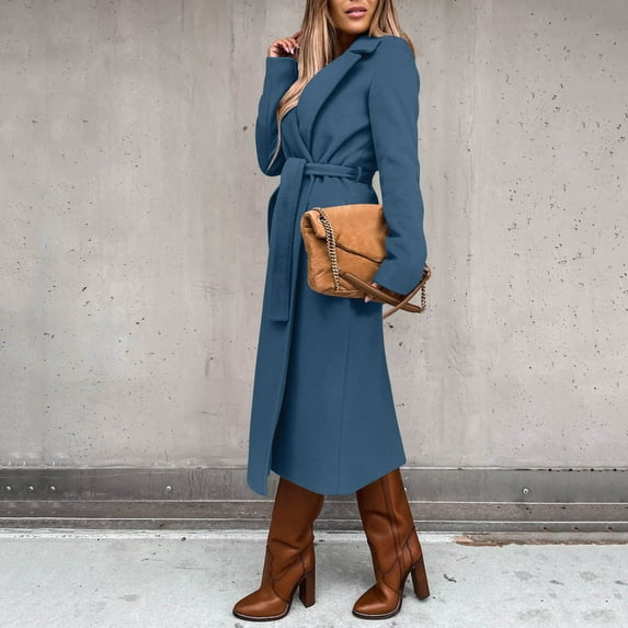 Women Trench Coat Clearance Sale,Women's Elegant Wool Blend Trench Coat with Belt Winter Notch Collar Open Front Long Jacket Ladies Fashion Pea Coats