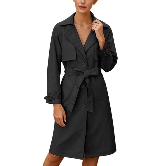 Women Trench Coat Long Loose Jacket Classic Lapel Peacoat with Belt Black M