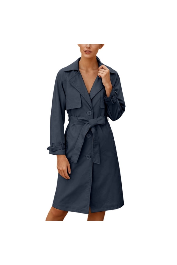 Women Trench Coat Long Loose Jacket Classic Lapel Peacoat with Belt Navy M