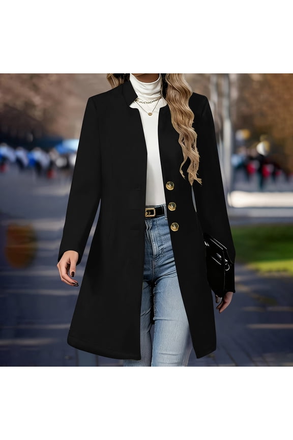 Women Trench Coat Notched Lapel Single Breasted Long Peacoat Overcoat Black M