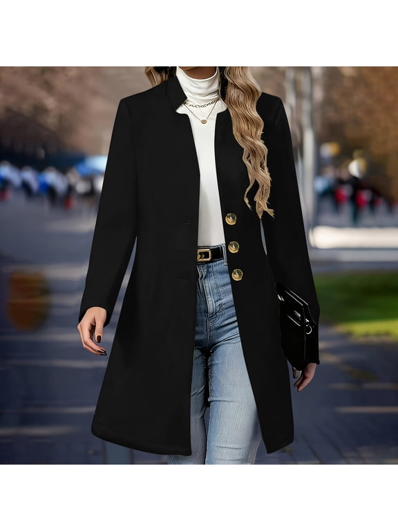 Women Trench Coat Notched Lapel Single Breasted Long Peacoat Overcoat Black XL
