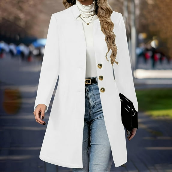 Women Trench Coat Notched Lapel Single Breasted Long Peacoat Overcoat White XL