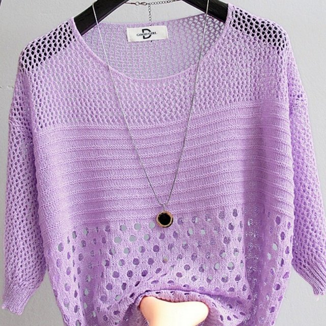 Women Trend Multicolor ONeck Hollow Stripe Knit Thin Sweater Crochet