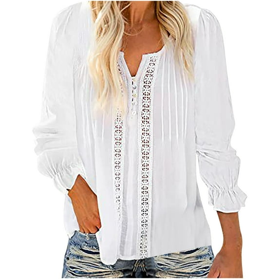 Women Trendy Blouses Casual Loose Henley Tops Pullover Hollow-Out Button Long Sleeve Shirts Solid Color Pleates Top