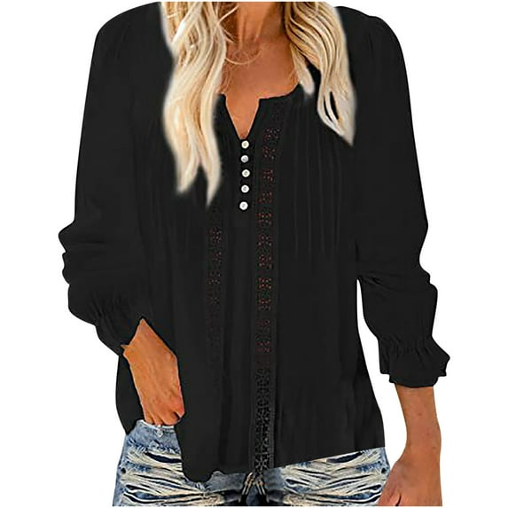 Women Trendy Blouses Casual Loose Henley Tops Pullover Hollow-Out Button Long Sleeve Shirts Solid Color Pleates Top