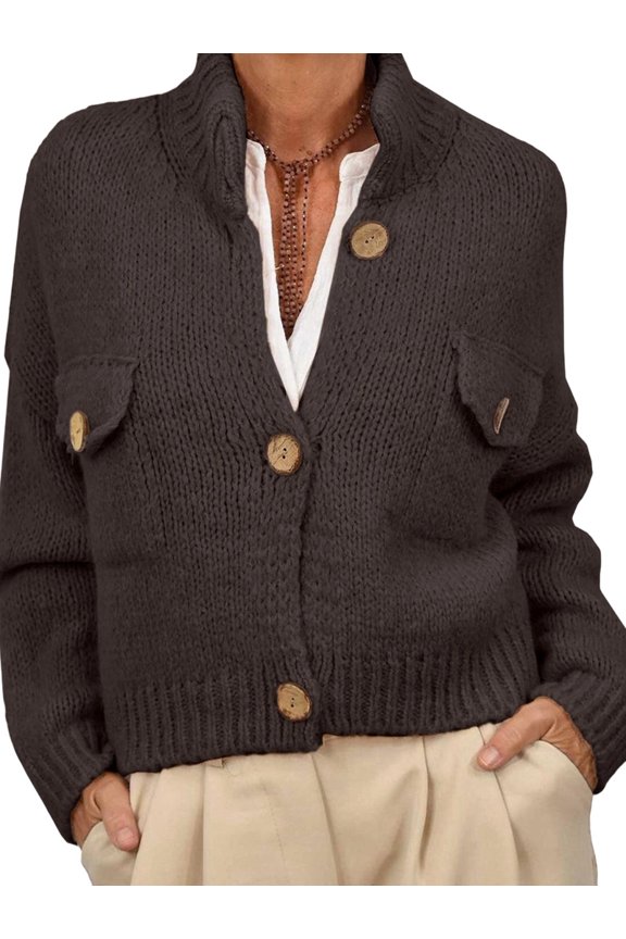 Women Trendy Button Up Sweater Jackets Mock Neck Long Sleeve Loose Fit Chunky Knit Outwear Coats Brown S
