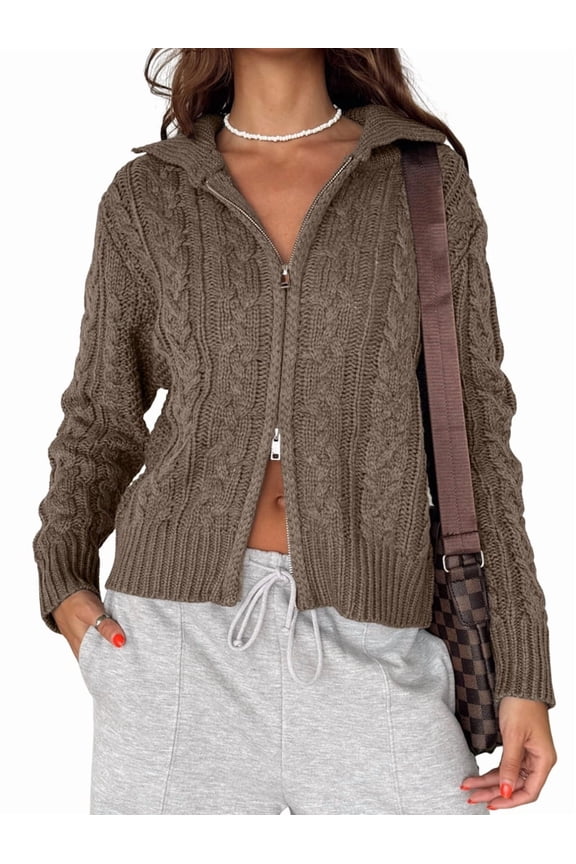 Women Trendy Collared Long Sleeve Zipper Front Cable Knit Cardigan Sweater Fall Oversized Coat Coffee M