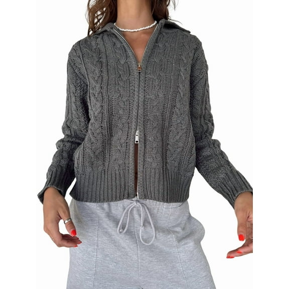 Women Trendy Collared Long Sleeve Zipper Front Cable Knit Cardigan Sweater Fall Oversized Coat Gray XL