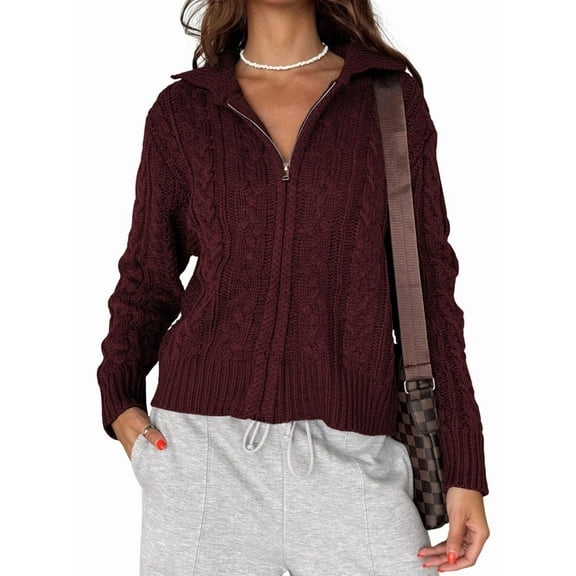 Women Trendy Collared Long Sleeve Zipper Front Cable Knit Cardigan Sweater Fall Oversized Coat Wine Red M