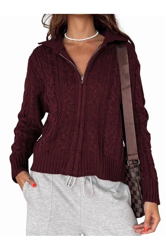 Women Trendy Collared Long Sleeve Zipper Front Cable Knit Cardigan Sweater Fall Oversized Coat Wine Red M