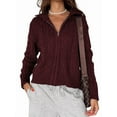 thumbnail image 1 of Women Trendy Collared Long Sleeve Zipper Front Cable Knit Cardigan Sweater Fall Oversized Coat Wine Red XL, 1 of 5