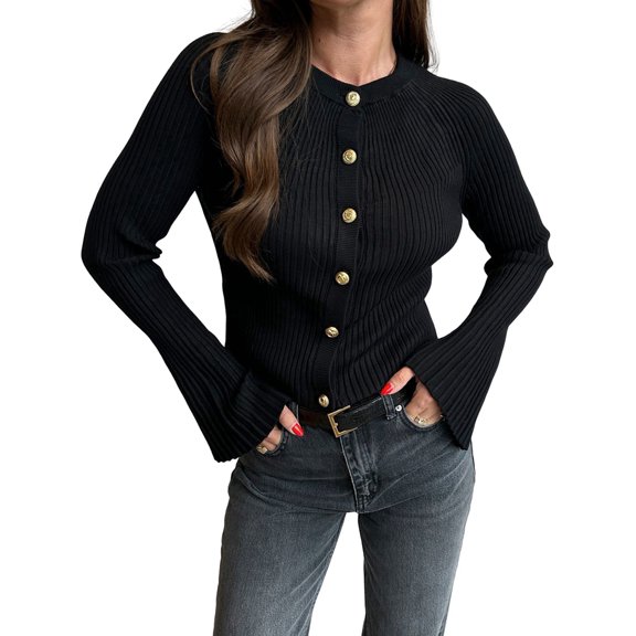 Women Trendy Crew Neck Ribbed Knit Crop Bell Long Sleeve Open Front Button Down Sweater Shirt Fall Outfit Black L