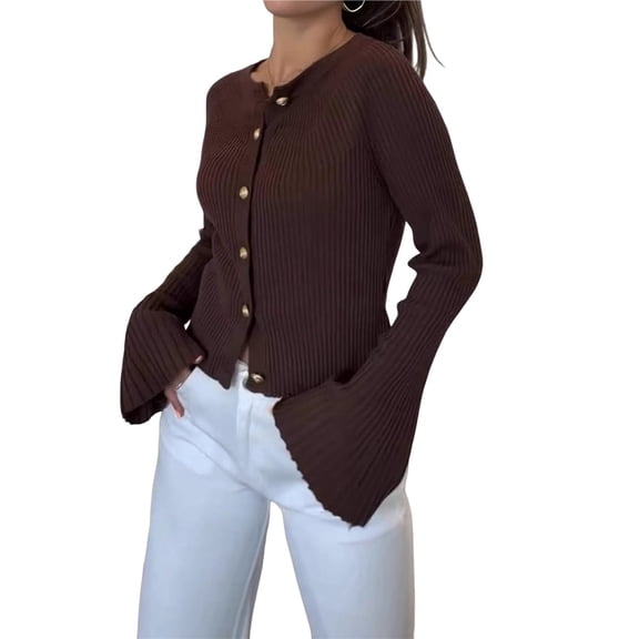 Women Trendy Crew Neck Ribbed Knit Crop Bell Long Sleeve Open Front Button Down Sweater Shirt Fall Outfit Brown S