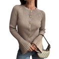 thumbnail image 1 of Women Trendy Crew Neck Ribbed Knit Crop Bell Long Sleeve Open Front Button Down Sweater Shirt Fall Outfit Khaki S, 1 of 6
