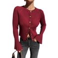 thumbnail image 1 of Women Trendy Crew Neck Ribbed Knit Crop Bell Long Sleeve Open Front Button Down Sweater Shirt Fall Outfit Wine Red L, 1 of 7